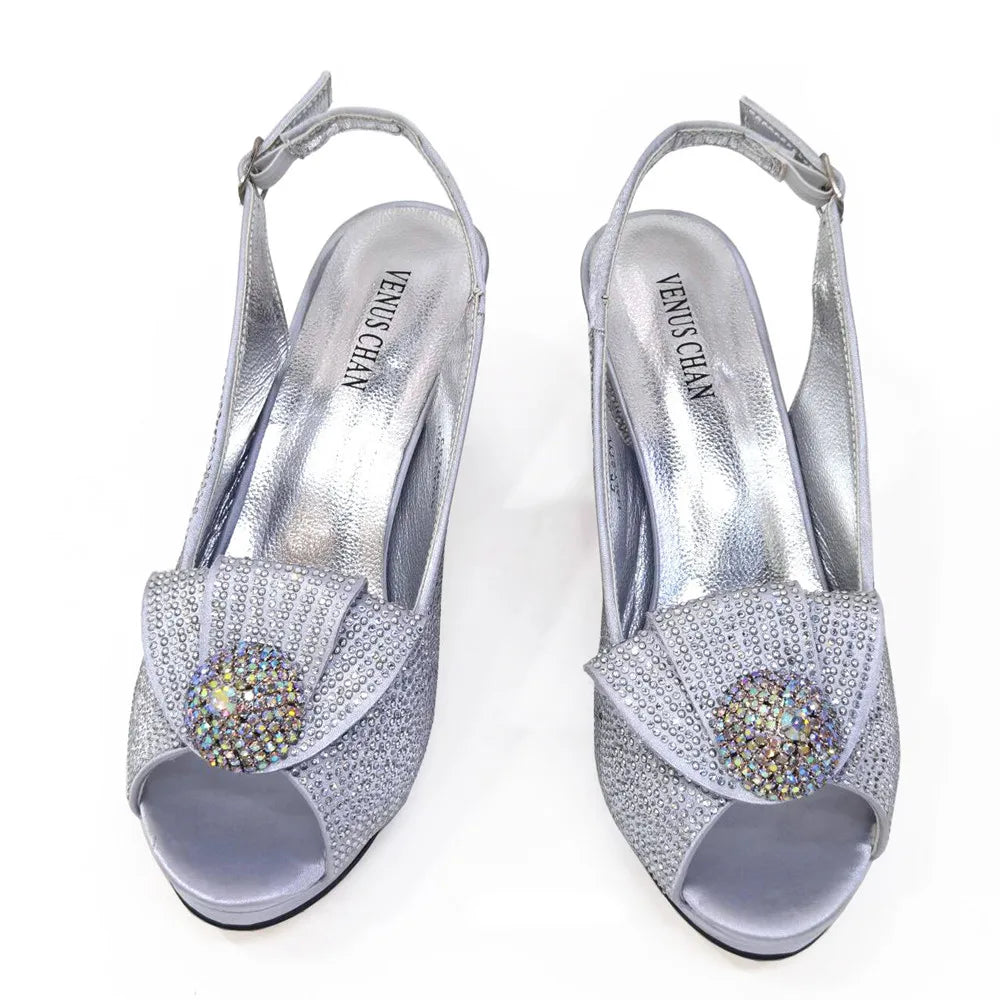 Italian Shoes And Bag Sets For Evening Party With Stones Italian Satin cloth  Rhinestone bow Handbags Match Bags