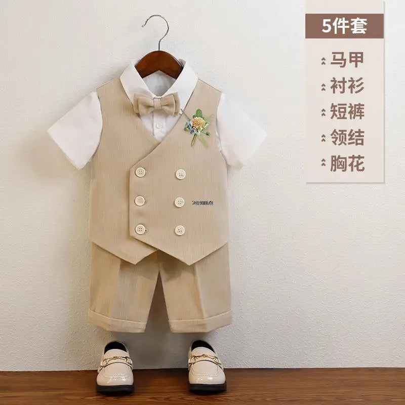 Boys Summer Vest Shorts Performance Suit Children Formal Wedding Dress Kids Photography Suit Baby Birthday Ceremony Costume