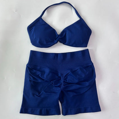 NO LOGO 2PCS Gym Set Women Strappy Yoga Bra Top High Waist Workout Scrunch Shorts Sports Suit Seamless Yoga Set Fitness Clothes