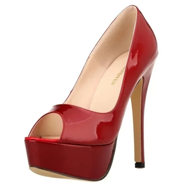2026 New Women Pumps Sexy Platform Peep Toe 14cm Extremely High Heels Stiletto Patent Leather Party Nighclub Red Wedding Shoes
