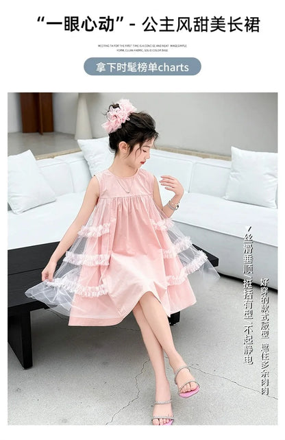 Cute blue lace sleeveless dress With Bag princess dress For 2-10 Yrs baby girls Children Clothes 6.1 Children's Day Clothing