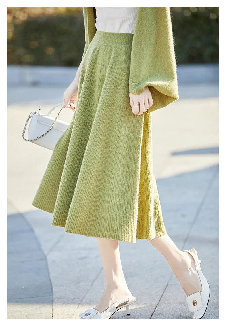 Autumn And Winter High Waist 100% Pure Wool Skirt Female Slim Long Knitted Wool Skirt Loose Wearing A-Line Skirt