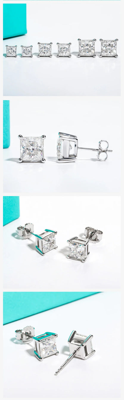 10k Gold Post 4/2/1.2ct Princess Moissanite Women Earrings 10K Gold Post Anti-allergy Stud Earrings For Men Jewelry