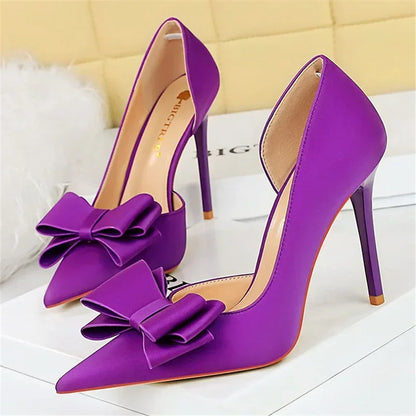 2024 Women 10.5cm High Heels Sweet Korean Side Hollow Pumps Lady Party Purple Green Kawaii Bowknot Heels Prom Silk Satin Shoes