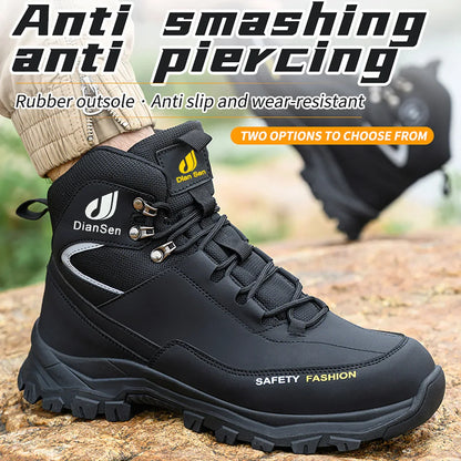 Men Work Boots Puncture-Proof Waterproof Work Shoes Steel Toe Safety Boots Industrial Indestructible Boots Side Leather Shoes