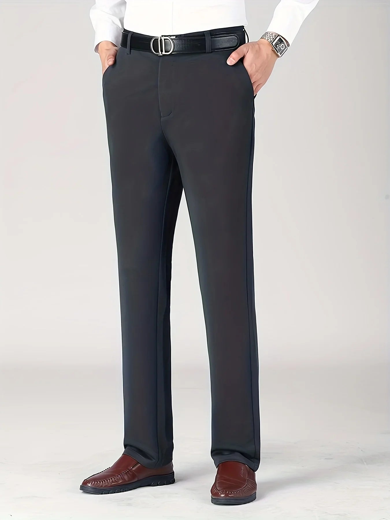 Men's High Elastic Anti-Wrinkle Straight Fit Business Pants | Non-Iron Formal Casual Trousers (1-Pack)