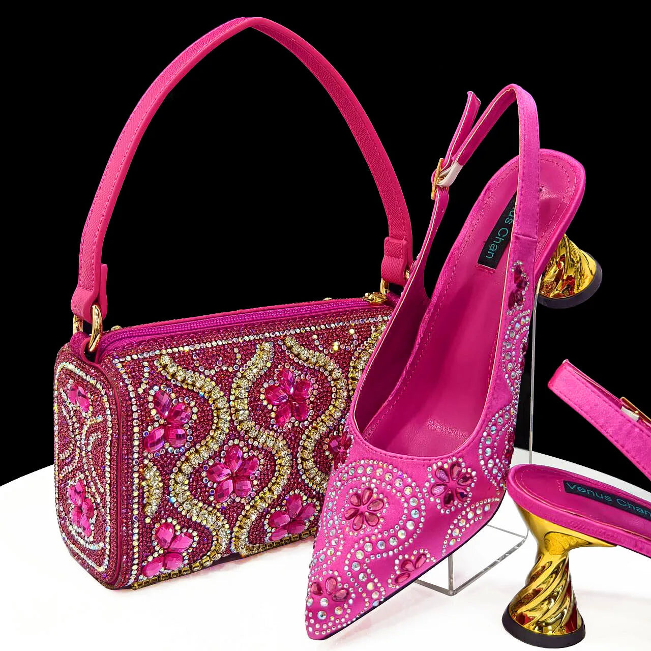 Elegant Rhinestone Pointed-Toe Pumps With Matching Bag Set Large Capacity Bag for Women's Party High Heels