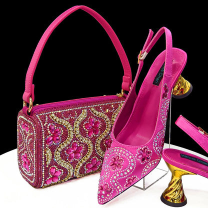 Elegant Rhinestone Pointed-Toe Pumps With Matching Bag Set Large Capacity Bag for Women's Party High Heels