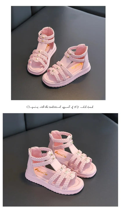 Girls Roman Sandals Open Toe Braided Solid Color High-top Simple Rivets New Summer Hollow Flat Casual Shoes Kids Fashion Casual