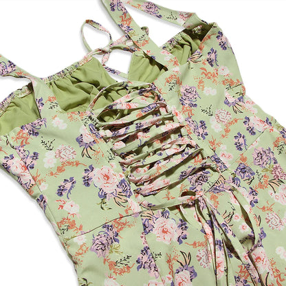 Women's Summer Floral Print Dresses Sweet Elegant Midi Holiday Dress Casual Slit Blue Lace Up Dresses 2023