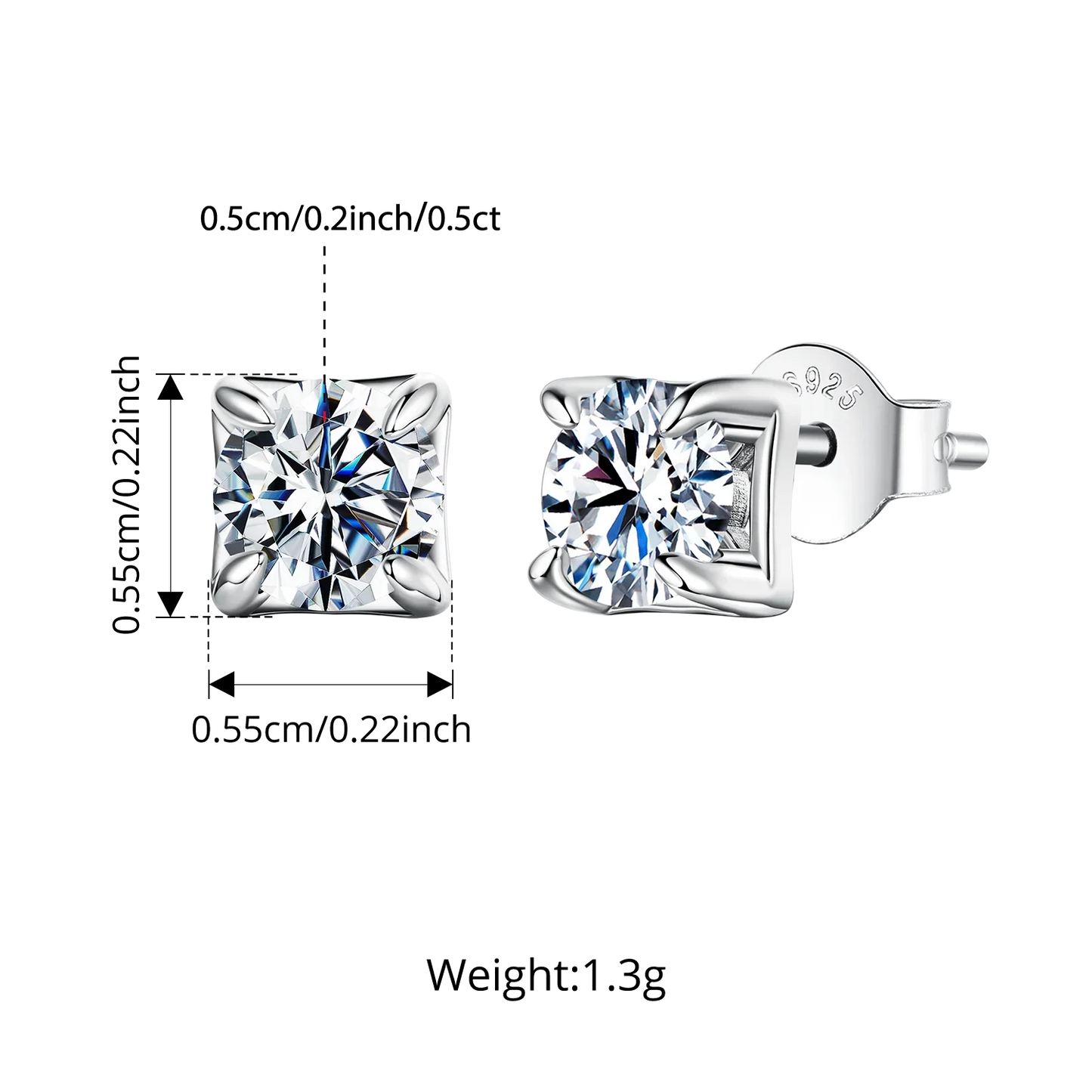 Original Square Moissanite Stud Earrings, S925 Silver 4 Prongs D Color Round Cut Lab Sparkling Wedding Fine Jewelry