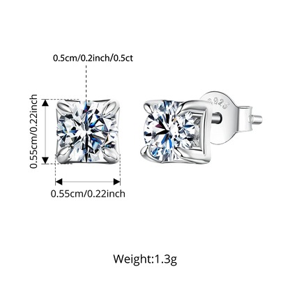 Original Square Moissanite Stud Earrings, S925 Silver 4 Prongs D Color Round Cut Lab Sparkling Wedding Fine Jewelry