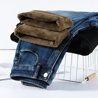 Women's Velvet Jeans Loose Straight Warm Soft Fleece Pants