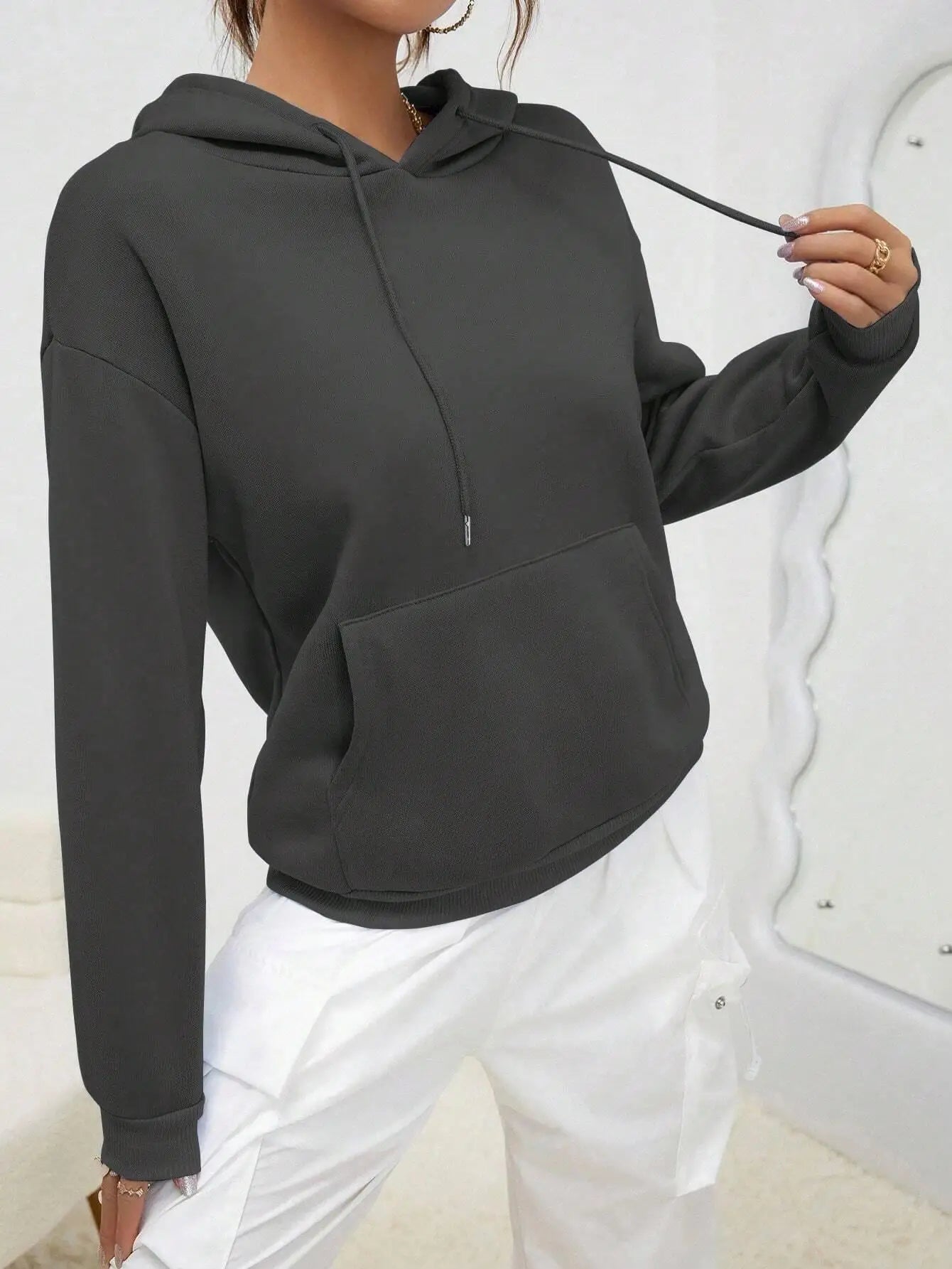 Solid Color Casual Hoodie For Female Pocket Creative Hoody All-Match Street Clothes Womens Fleece Unisex Pullovers