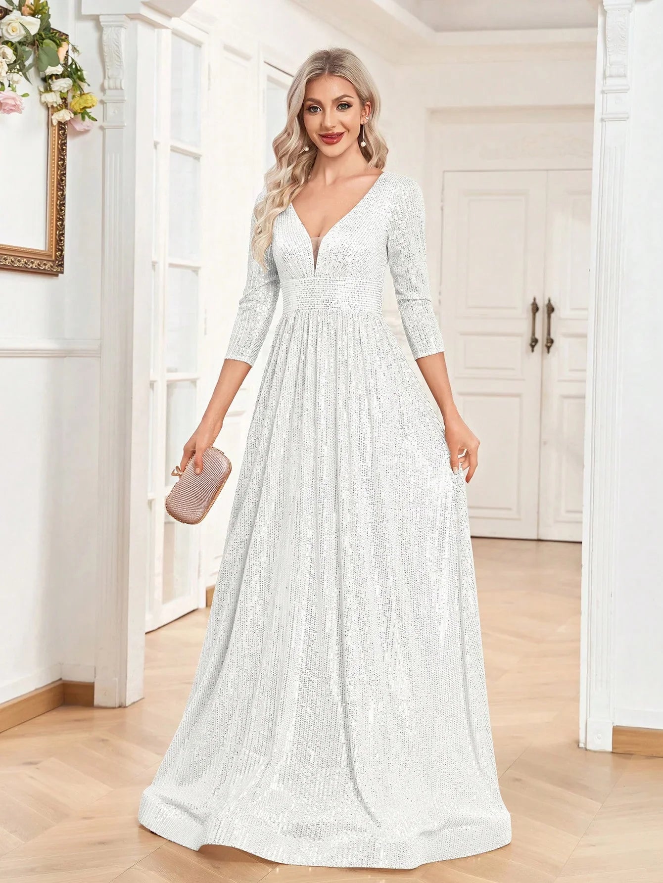 Luxury V Neck Long Sleeves Blue Sequins Formal Evening Dress Women 2024 Wedding Party Prom Maxi Cocktail Dress Gowns