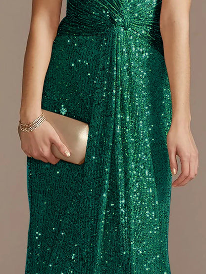 Luxury Green Floor Length V-Neck Evening Dresses Women Elegant Party Maxi Sequins Short Sleeves Prom Cocktail Gowns