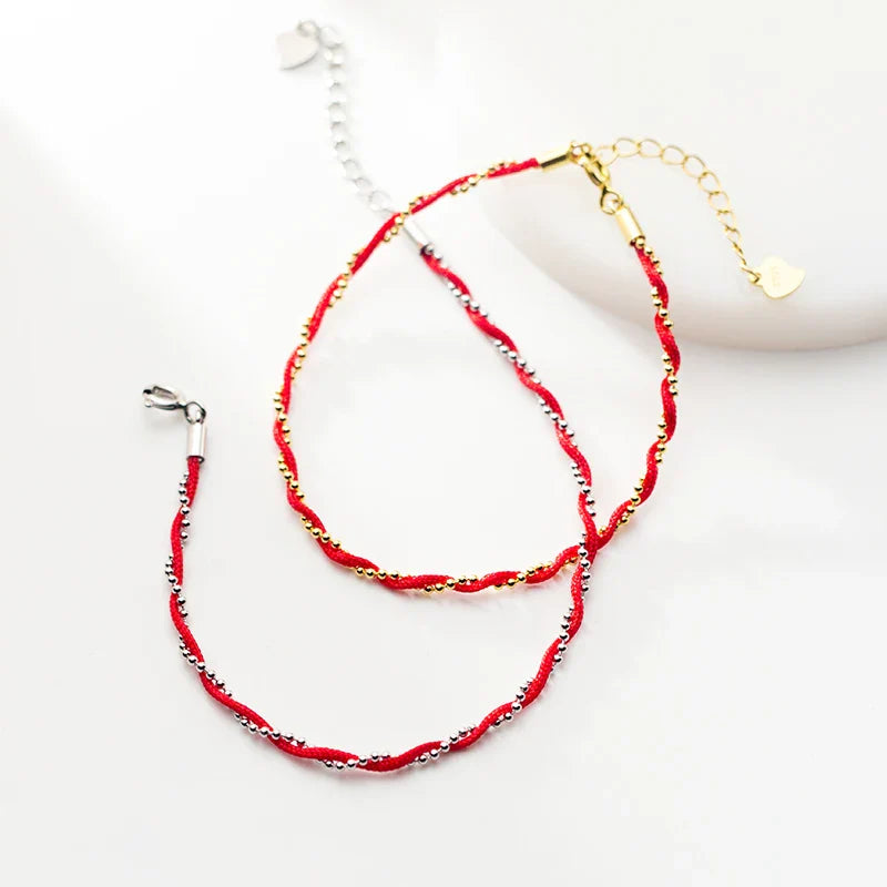 Red Rope Beads Bracelet for Women Fashion Pure 925 Sterling Silver Adjustable Geometric Link Chain Bracelet Fine Jewelry