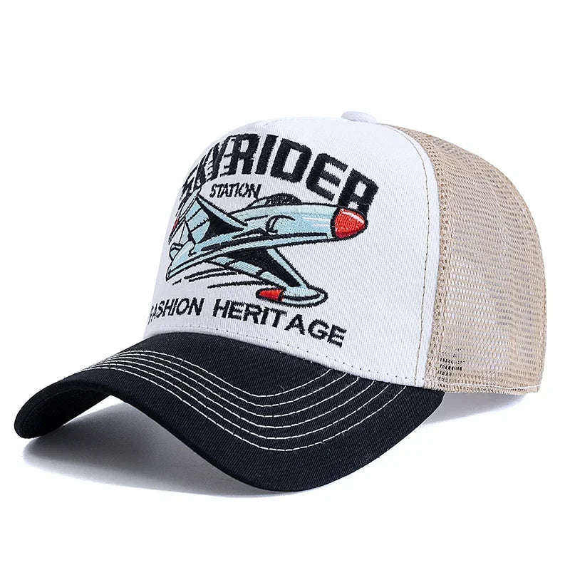 New Style Breathable Mesh Cap Outdoor Baseball Cap Men Women SKY RIDER Embroidered Pattern Snapback Trucker Hat Cap