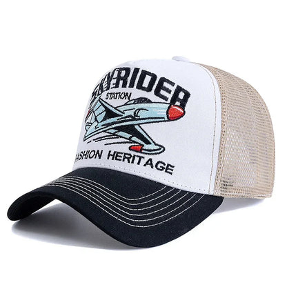New Style Breathable Mesh Cap Outdoor Baseball Cap Men Women SKY RIDER Embroidered Pattern Snapback Trucker Hat Cap