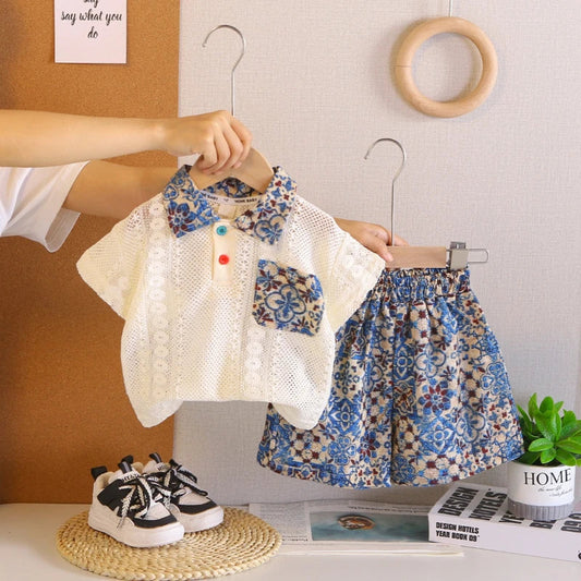 Children Summer Fashion Baby Boy Clothes Kids Collar Hollow Out Polo T Shirt+ Flower Shorts 2pc/Set Toddler Girls Casual Outfits
