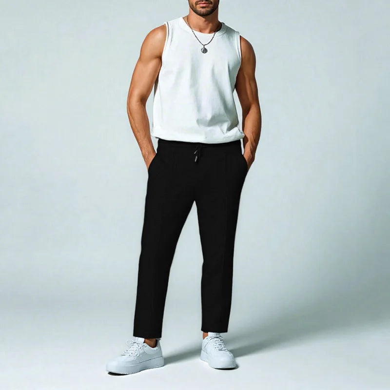 Mens Stylish Waffle Pants - Casual Sports Slim Fit with Adjustable Drawstring Secure Pockets for All Seasons - Perfect Outdoor