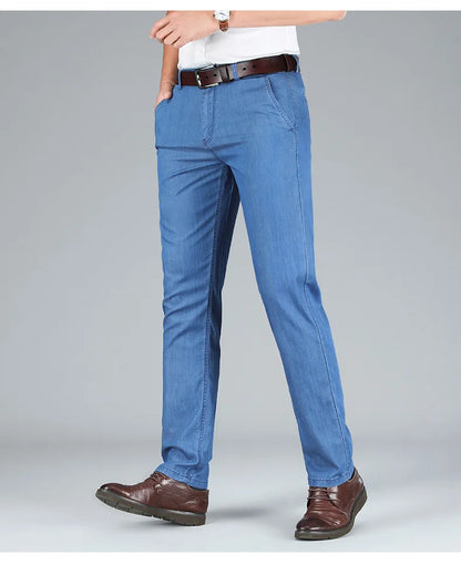 2026 Thin Stretch Denim Business Casual High Waist  High Lyocell  Men's Fit Straight Lightweight Cotton  Light Grey Jeans