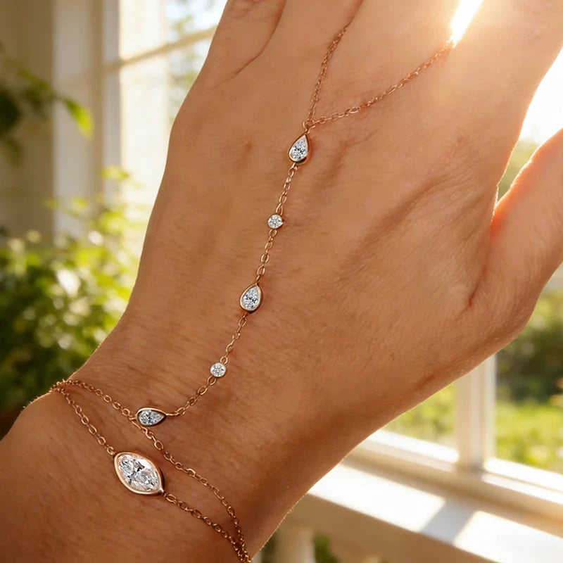 Dainty All Pear Round Cut Moissanite Finger Chain Bracelets Women 14-20cm Wrist Size Adjustable s925 Silver Hand Jewelry