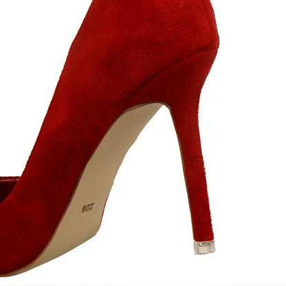 Women Elegant Flock Orange Purple Evening Banquet Party Pumps Lady Classic Scarpin New Burgundy 9cm High Heels Shoes Plus Size