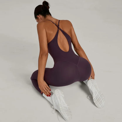 Women Sports Fitness Jumpsuit Cross Open Back Adjustable Shoulder Strap Hip Lift Tight Slim Fit Yoga Set Gym Running Sports Kit