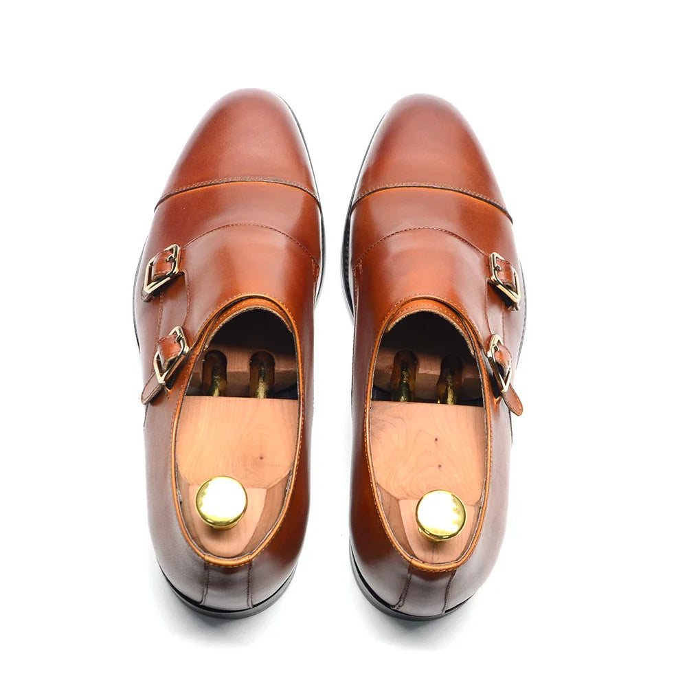 Luxury Men's Wedding Formal Shoes Genuine Leather Pure Brown Black Double Buckle Monk Strap Cap Toe Business Office Dress Shoes