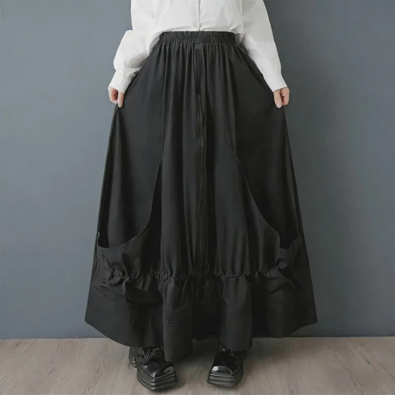 2026 New Solid Color Spring And Summer Feminine Temperament Zipper Fashion Loose Irregular Drawstring Elegantankle-length Skirt