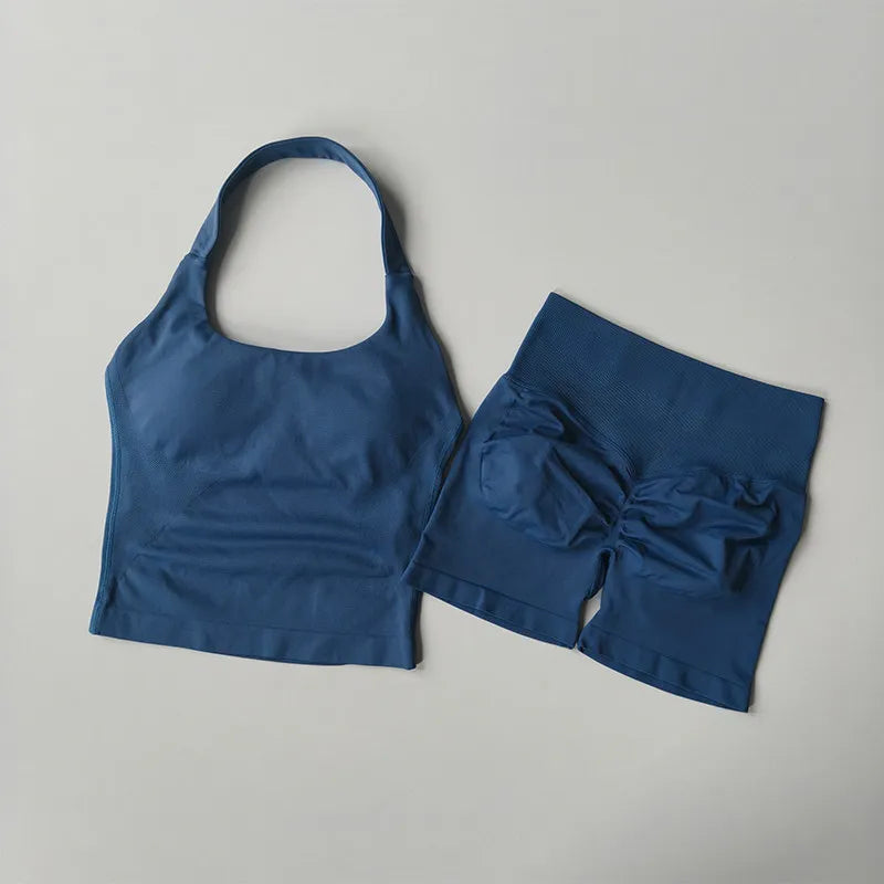 Seamless Halter Neck Yoga Wear Two Piece Women's Push up Sports Bra High Waist Tummy Control Butt Lift Fitness Shorts Set