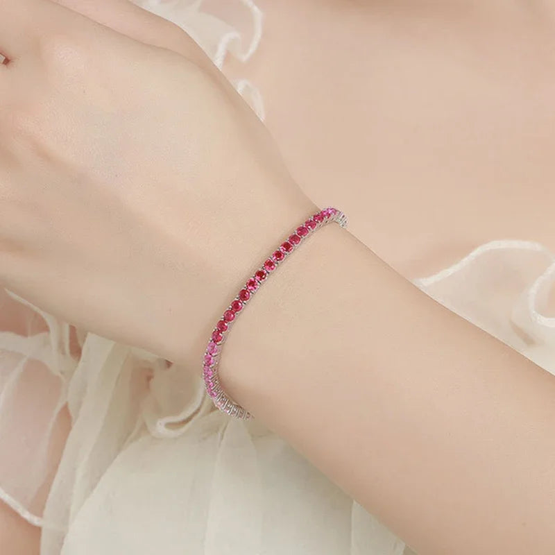 2024 Original Full 3mm Red Zircon Tennis Bracelet for Women S925 Silver Sea Blue High Carbon Gemstone Link Bracelets Gift
