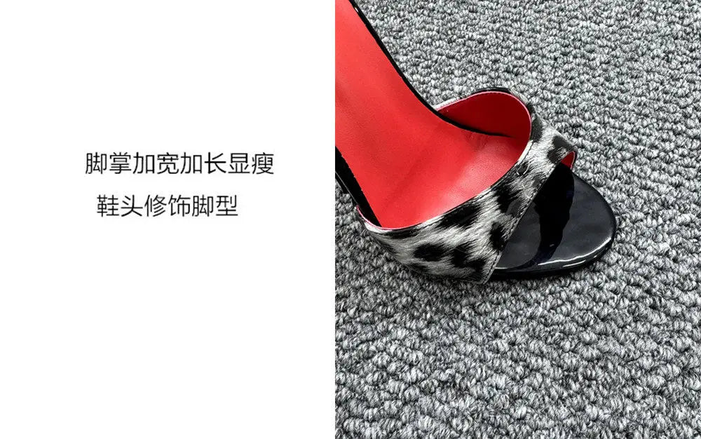 New 12cm fashionable high-heeled patent leather leopard print slippers with sexy open toed sandals, reversed size, 33-46