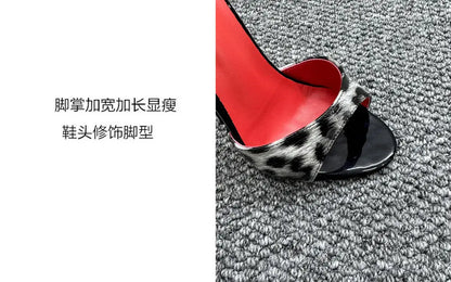 New 12cm fashionable high-heeled patent leather leopard print slippers with sexy open toed sandals, reversed size, 33-46