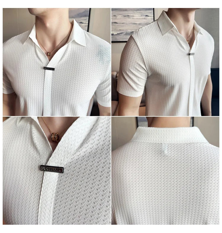 High-Grade Ice Silk Seamless Adhesive Polo Shirt, High-Elastic V-neck Thin Waffle Short-Sleeved Golf Shirt, T-shirt