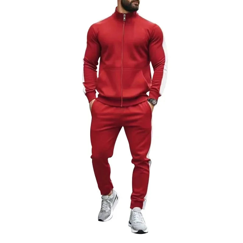 2025 Spring Autumn Men's 2-Piece Set Color Blocking Zipper Stand Collar Casual Sports Jacket Sweatshirt Trousers Suit