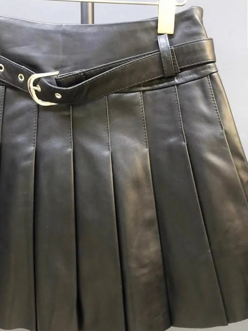 Autumn Women Sweet Sheepskin Genuine Leather Pleated Skirt High Waist Belt Fashion Casual Party Solid Color A Line Short Skirts