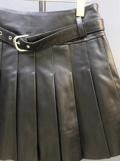 Autumn Women Sweet Sheepskin Genuine Leather Pleated Skirt High Waist Belt Fashion Casual Party Solid Color A Line Short Skirts