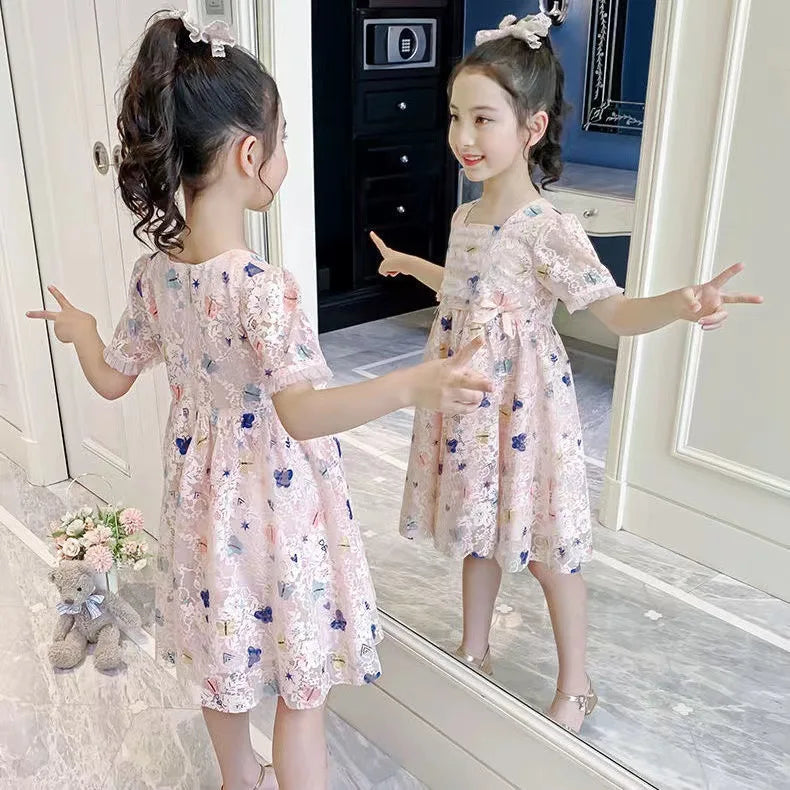 Vintage lace short sleeved dress For 2-9 yrs Baby Girls Loose Dress 6.1 Children's Day Clothing Cute beach Loose Clothes 2026