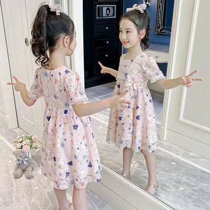 Vintage lace short sleeved dress For 2-9 yrs Baby Girls Loose Dress 6.1 Children's Day Clothing Cute beach Loose Clothes 2026