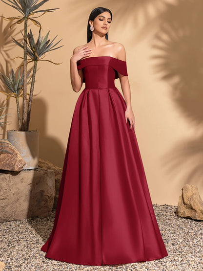 Off-the-shoulder satin dress with back tie, elegant and chic dress