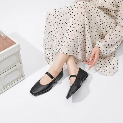 Mary Jane Shoes Female Genuine Leather 2026 New Snap Ballet Shoes Women Square Toe Flat Cowhide Ladies Shoes