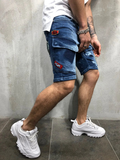 2026 Men's Summer Short Jeans High Stretch Fashion Casual Denim Shorts Male Slim Fit Elastic Badge Pockets Hole Shorts for Men