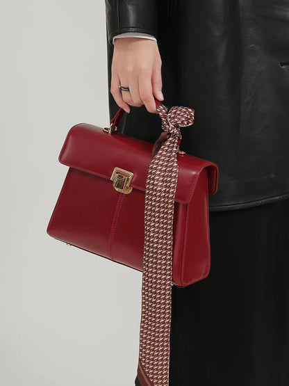 Genuine Leather Handbag with Scarf | Luxury Designer Trendy Shoulder Bag Solid Color Commuting Bag | bags for women gift