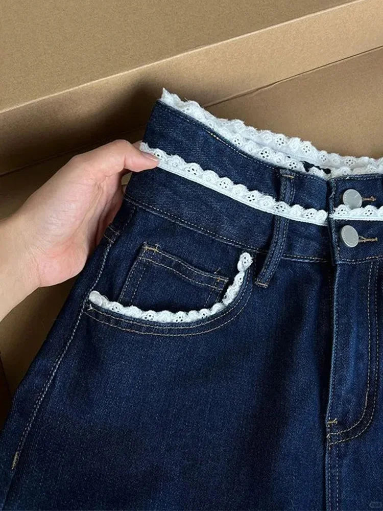 Casual Straight Jeans Streetwear Vintage Blue Lace Spliced Jeans