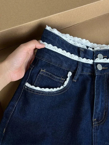 Casual Straight Jeans Streetwear Vintage Blue Lace Spliced Jeans