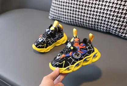 Disney Children's Sneakers Boys Cartoon Spiderman Led Light Sport Shoes Student Shoes Hook Anti-slip Kids Outdoor Shoes