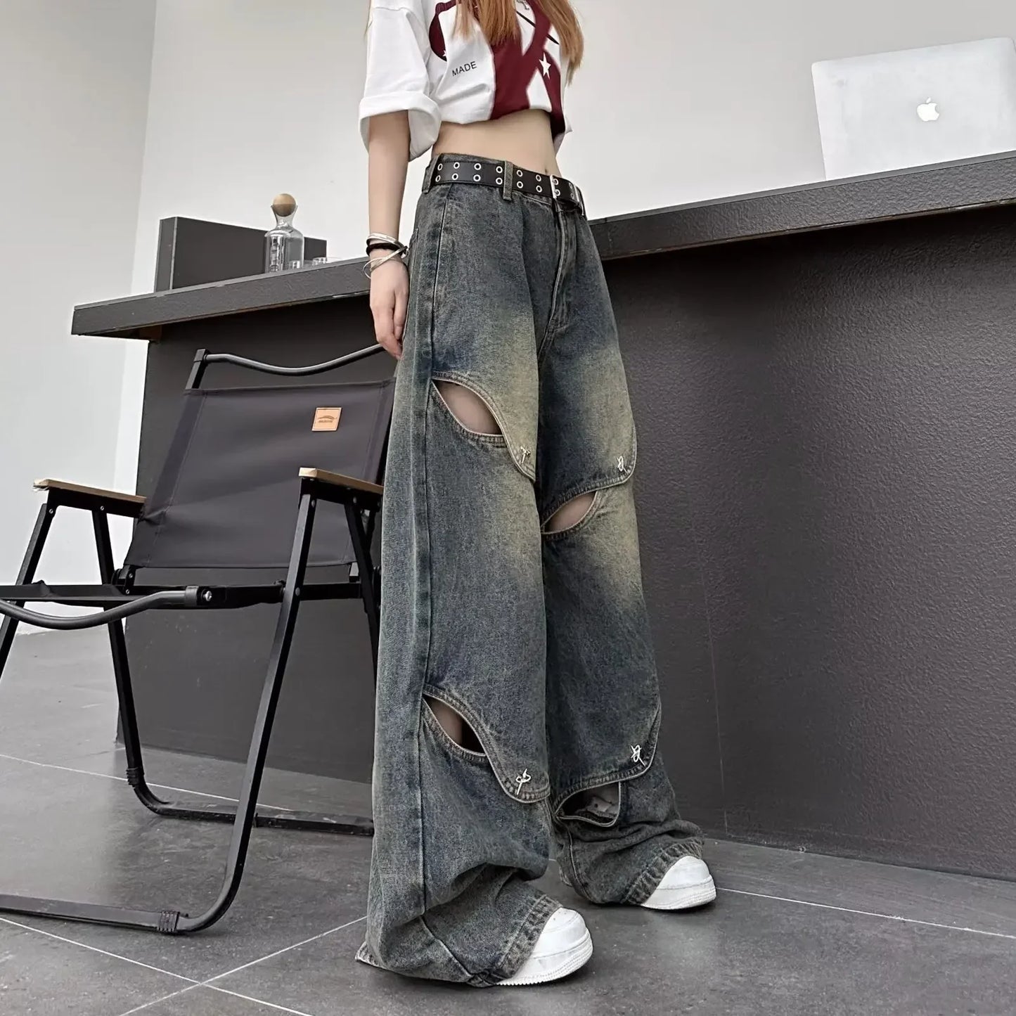 High Waist Straight Leg Jeans High Street Heavy Duty Wide Leg Pants