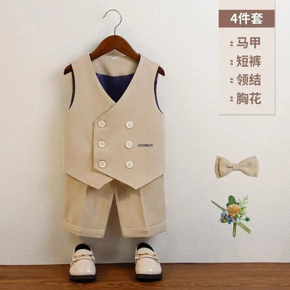 Boys Summer Vest Shorts Performance Suit Children Formal Wedding Dress Kids Photography Suit Baby Birthday Ceremony Costume